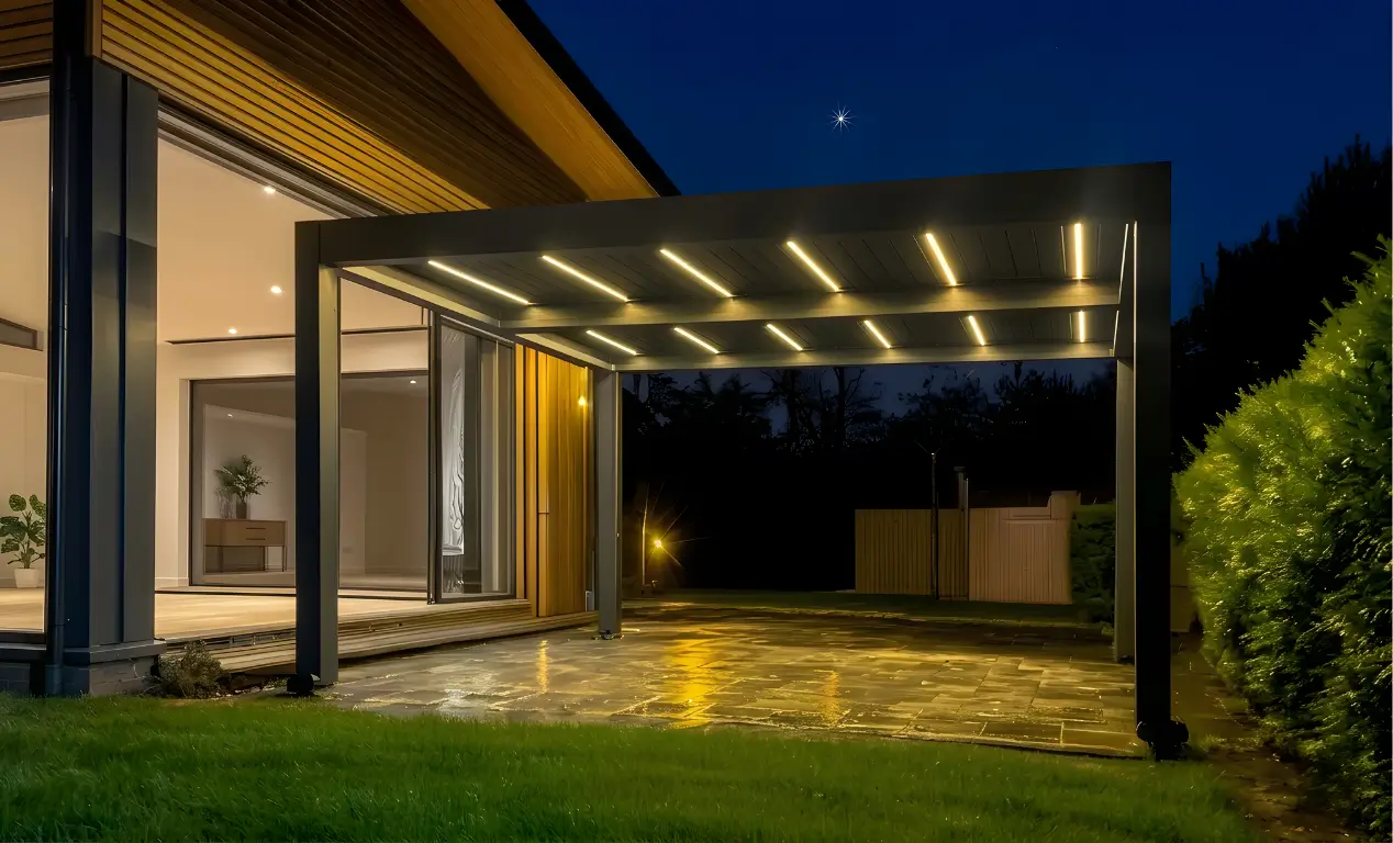 A sleek, black modern pergola with integrated linear LED light strips illuminating a stone patio at night next to a contemporary home.
