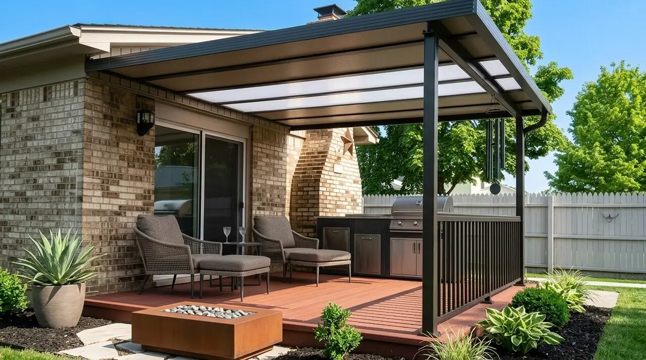 Black hybrid patio cover over a modern deck with an outdoor kitchen.