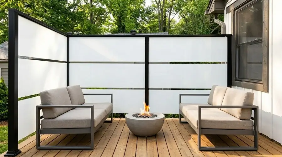 Corner-installed privacy wall with black aluminum framing and translucent panels, providing wind protection and seclusion for a deck seating area.