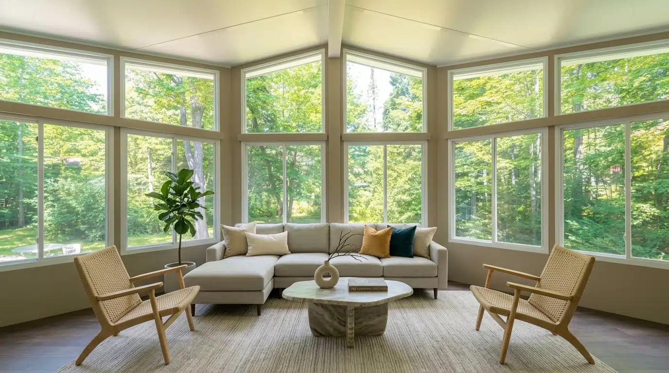 Interior of an insulated sunroom featuring a vaulted ceiling, large panoramic windows with a forest view, a light grey sectional sofa, and two woven lounge chairs.